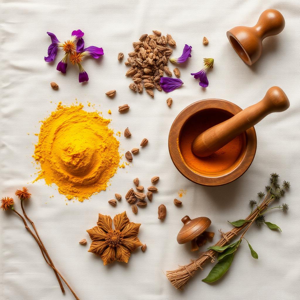 Ayurvedic herbs and turmeric arranged on linen